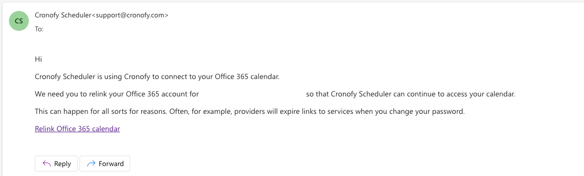 Example relink email from Cronofy prompting the user to relink their Office 365 calendar
